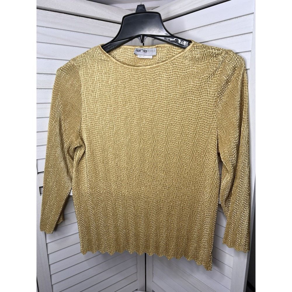 Lana Lee Womens Blouse‎ Pullover Stretch 3/4 Sleeve Shirt Gold XSmall/Small READ